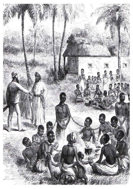Historical depiction of slave hunters handing captives over to European slave traders on the Gold Coast